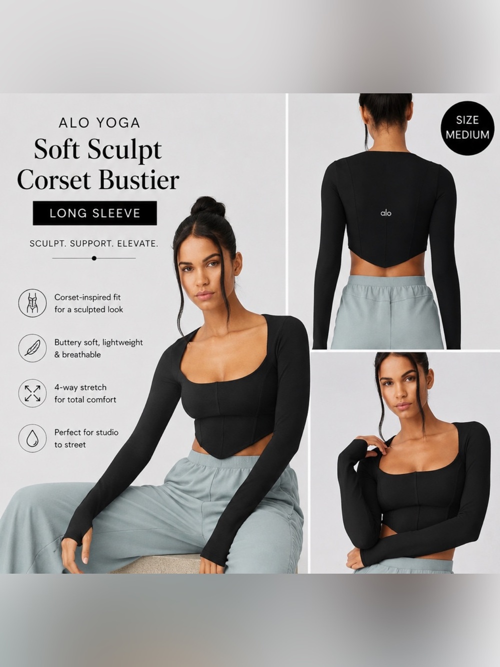 ALO Black Soft Sculpt Long Sleeve Top M - Picture 2 of 4
